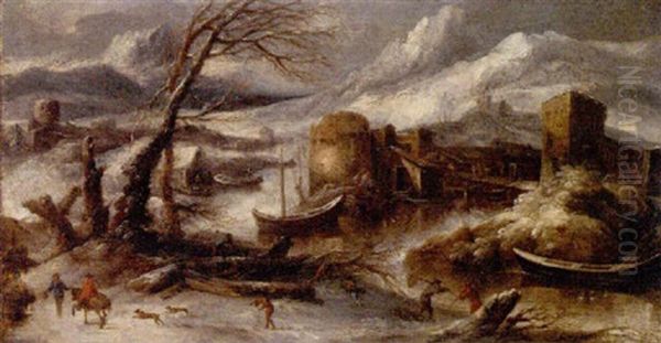 A Winter Landscape With Fisherman By A River - view 1