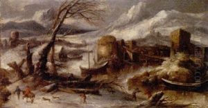A Winter Landscape With Fisherman By A River