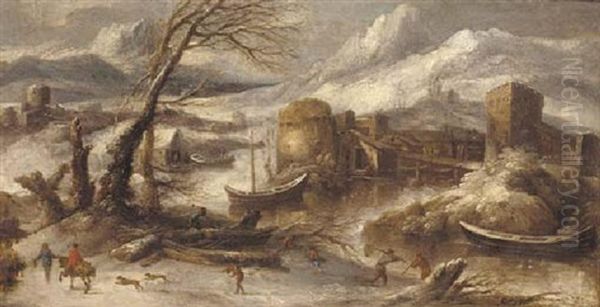 A Italianate Winter Landscape With Fishermen By A River - view 1
