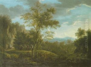 Waldlandschaft Mit Einem Zug Von Reitern Auf Dem Gewundenen Weg Im Mittelgrund by Willem Van Bemmel