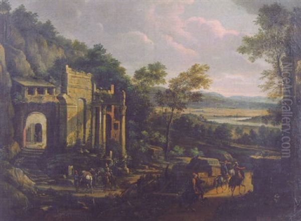 Travellers On A Road Passing An Inn Among Classical Ruins In An Italianate Landscape - view 1