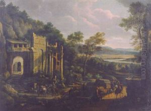 Travellers On A Road Passing An Inn Among Classical Ruins In An Italianate Landscape by Willem Van Bemmel