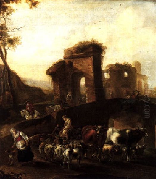 An Italianate Landscape With Herders And Animals Crossing A Roman Bridge - view 1