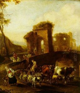 An Italianate Landscape With Herdes And Animals Crossing A Roman Bridge by Willem Van Bemmel