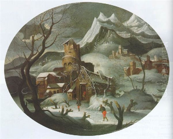 A Mountainous Winter Landscape With Peasants Outside A House On A River - view 1