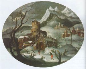A Mountainous Winter Landscape With Peasants Outside A House On A River by Willem Van Bemmel