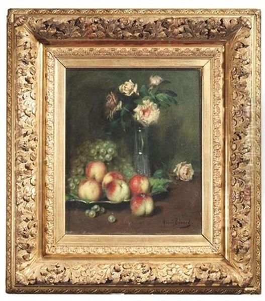 Stilleben Mit Pfirsichen Und Weintrauben Sowie Rosen In Einer Glasvase - view 1