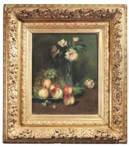 Stilleben Mit Pfirsichen Und Weintrauben Sowie Rosen In Einer Glasvase by Henri Benard