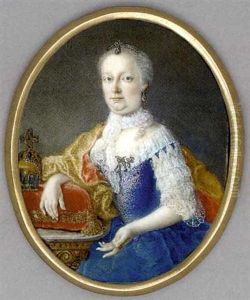 Maria Theresa Of Habsburg, Holy Roman Empress, Seated With Her Right Arm Resting On A Red Cushion With Gold Tassel Besides Two Jewelled Crowns, In Lace-bordered Blue Velvet Dress ... by Antonio Bencini