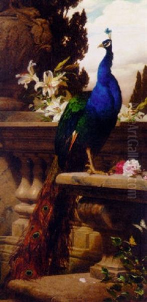 A Peacock In A Classical Landscape With Lillies And Roses - view 1