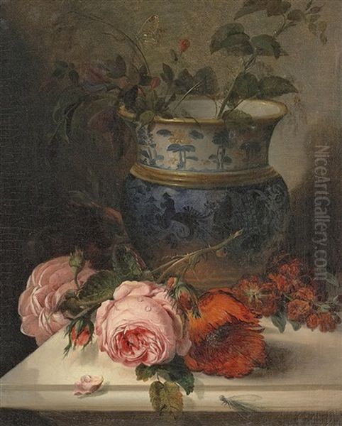 Stillleben Mit Vase Und Rosen Auf Einer Steinplatte - view 1
