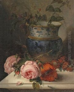 Stillleben Mit Vase Und Rosen Auf Einer Steinplatte by Siegfried Detlev Bendixen