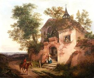 A Mother And Child At The Gate Of A Country Church, With A Traveler On A Horse On The Road by Siegfried Detlev Bendixen