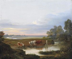 Weite Abendlandschaft Mit Kuhen Am Altwasser by Siegfried Detlev Bendixen