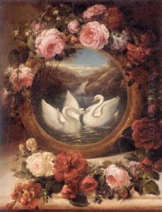 A Painting Of Swans In A River Landscape Encircled With Roses by Siegfried Detlev Bendixen