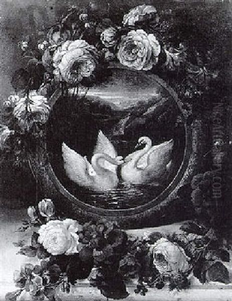 Swans Surrounded By A Garland Of Flowers - view 1