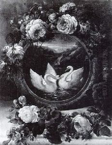 Swans Surrounded By A Garland Of Flowers by Siegfried Detlev Bendixen