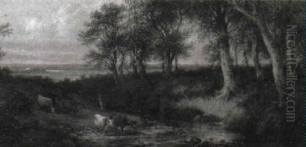 A Wooded River Landscape With Cattle - view 1