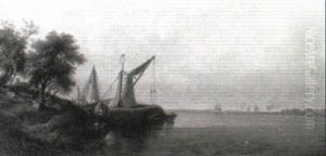 An Estuary Scene With Figures Tending Barges In The Foreground