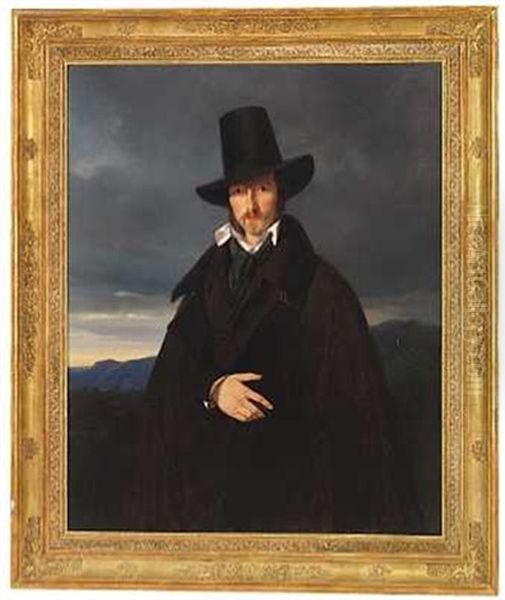 Den Tyske Historiemaler Wilhelm Kaulbach Staende Med Mork Frakke Og Hoj Hat I Et Aftenlandskab I De Bayeriske Bjerge - view 1