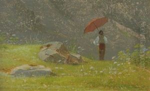 Mand Med En Rod Parasol I Bjergene Mand Med En Rod Parasol I Bjergene