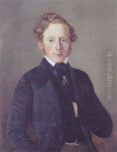 Portraet Af En Ung Mand Med Kindskaeg Og Bolget Har, Sort Jakke Og Vest, Urkaede Med Nogle by Wilhelm Ferdinand Bendz