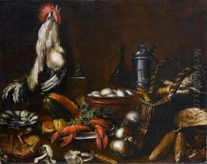 Ein Hahn, Eine Schussel Mit Eiern, Ein Korb Mit Ruben, Fruchte, Langusten, Pilze, Maiskolben, Ein Zinnkrug Und Eine Weinflasche Auf Einer Tischplatte by Andrea Benedetti