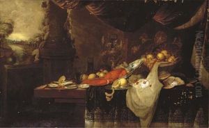 A Lobster On A Blue And White Plate, With A Partly-peeled Lemon On A Pewter Plate, Oysters, Grapes And Peaches by Andrea Benedetti