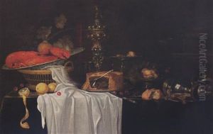 A Sumputous Still Life With A Lobster In A Wan-li Kraak Bowl, Fruit, A Flute, A Bun And A Tankard On A Draped Table by Andrea Benedetti