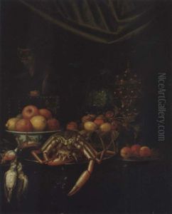 A Still Life Of Oranges And Lemons In A Porcelain Bowl, Fruit And Nuts In A Wicker Basket, Other Fruits And Objects Upon A Table Top, Together With A Monkey by Andrea Benedetti