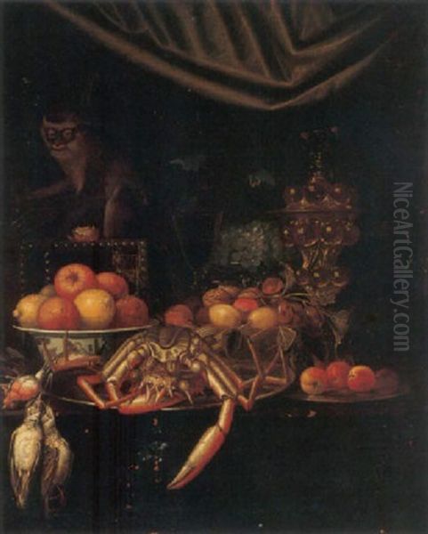 A Still Life Of Oranges And Lemons, Fruit And Nuts, Grapes, Apricots And A Spider Crab, A Goblet, A Wine Glass And Songbirds, Together With A Monkey - view 1