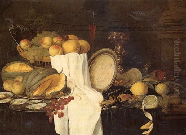 Still Life Of Melons, Grapes, Oysters, Crab And Lemons On Pewter Plates, With A Basket Of Fruit, Wineglasses And A Gilt Cup - view 1