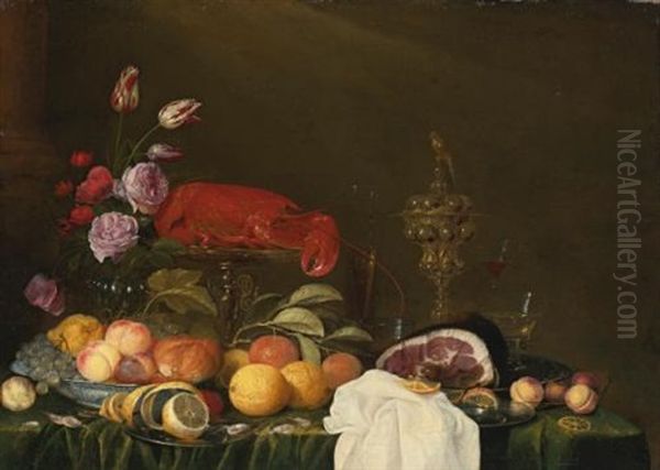 Still Life With A Vase Of Roses And Tulips, A Ham On A Pewter Plate, Glassware, A Lobster And Fruit On A Ledge - view 1