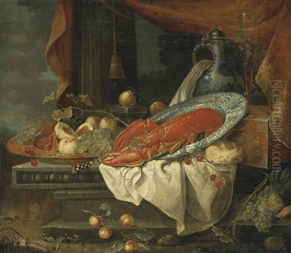 A Lobster In A Porcelain Bowl, With Grapes, Figs, Peaches And Cherries In A Copper Vessel, Bread, A Porcelain Ewer And A Flute Of Wine On A Lacquered Box, On A Partly-draped Stone Entablature, A Draped Column And A Landscape Beyond - view 1