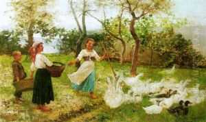 Young Peasants With Their Flock Of Gesse by Juan Antonio Benlliure y Gil