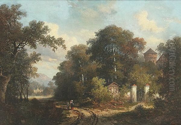 Waldweg Bei Einem Anwesen, Im Hintergrund Eine Kirche An Einem Gewasser - view 1