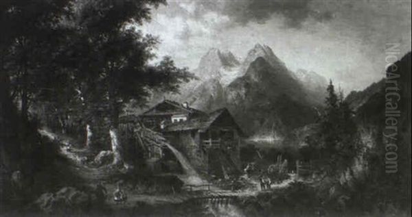 Alpensee. Vorne Am Ufer Ein Bauernhaus Und Eine Scheune - view 1