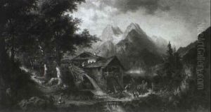 Alpensee. Vorne Am Ufer Ein Bauernhaus Und Eine Scheune by Hermann Bennekenstein