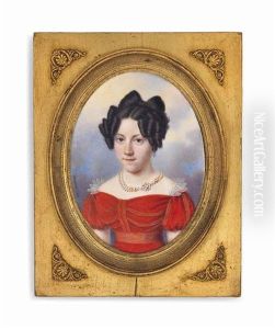 A Young Lady Of The Russian Court, In Red Dress, Wearing A Pearl Necklace With Diamond-studded Clasp, Dark Upswept Hair