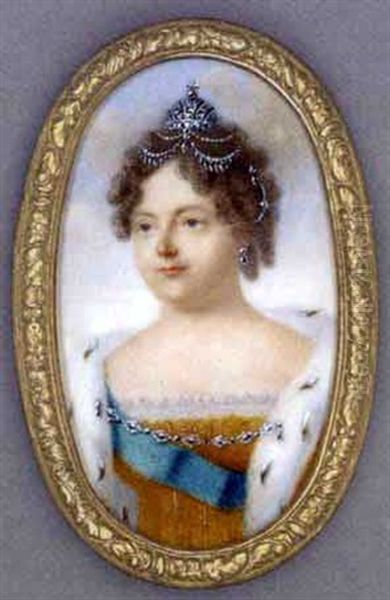 Empress Maria Fyodorovna Of Russia, In Lace-bordered Gold Dress, Ermine Cloak Fastened With Jewelled Chain, Wearing The Blue Moire Sash Of The Imperial Russian Order Of St. Andrew - view 1