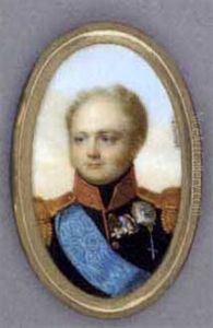Tsar Alexander I Of Russia In Black Coat With Red Collar Embroidered With Gold Oak Leaves, Gold Epaulettes, Black Stock, Wearing The Blue Moire Sash Of The Imperial Russian Order Of St. Andrew by Henri Benner