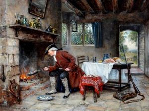 A Sportsman In 18th Century Costume Frying His Breakfast At A Hearth Side
