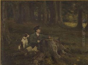 Huntsman And His Dog Lying In Wait In Woodland by Frank Moss Bennett