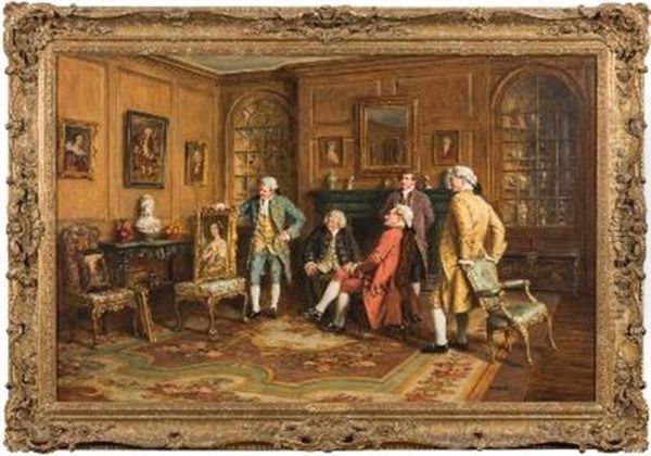 Their Valued Opinion'; Gentlemen In A Salon Interior, Critically Engaging A Portrait Painting - view 1