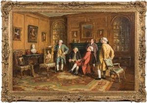 Their Valued Opinion'; Gentlemen In A Salon Interior, Critically Engaging A Portrait Painting by Frank Moss Bennett