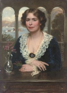 Portrait Of Penrose De Hochepied Larpent In A Blue Velvet Dress With Lace Collar And Cuffs