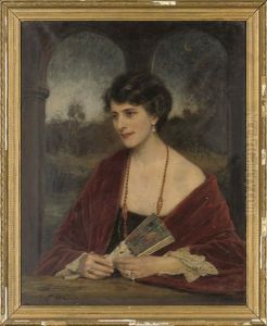 Portrait Of A Lady In A Black Dress With A Crimson Velvet Coat, Holding A Fan by Frank Moss Bennett