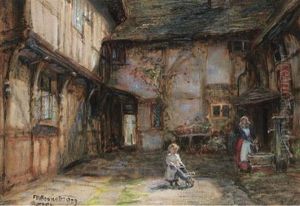 A Mother And Daughter In A Courtyard by Frank Moss Bennett