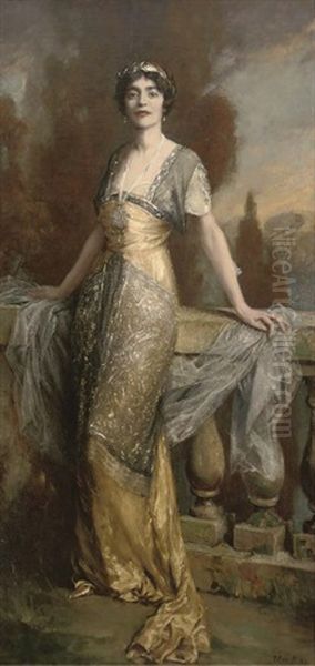 Portrait A Lady (rosa Lewis?), Full-length, In An Evening Dress, On A Balcony With A Landscape Beyond - view 1