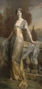 Portrait A Lady (rosa Lewis?), Full-length, In An Evening Dress, On A Balcony With A Landscape Beyond by Frank Moss Bennett